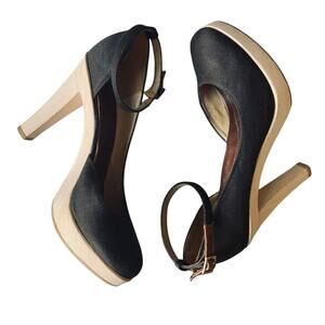 LANVIN Ankle Strap Heels Women US 8 Black Satin Fabric Wood Platform Mary Janes